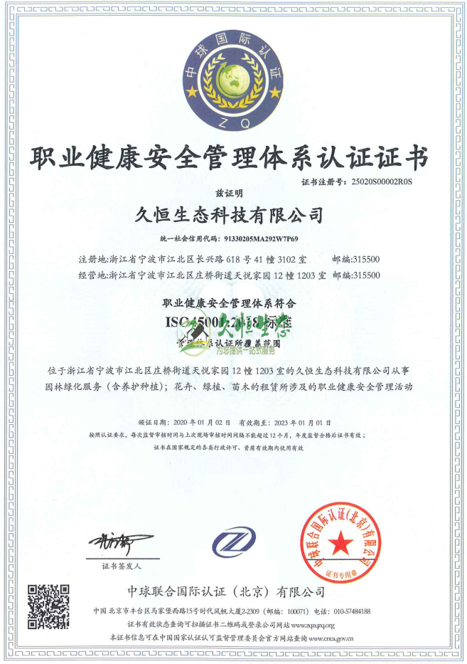 合肥高新职业健康安全管理体系ISO45001证书